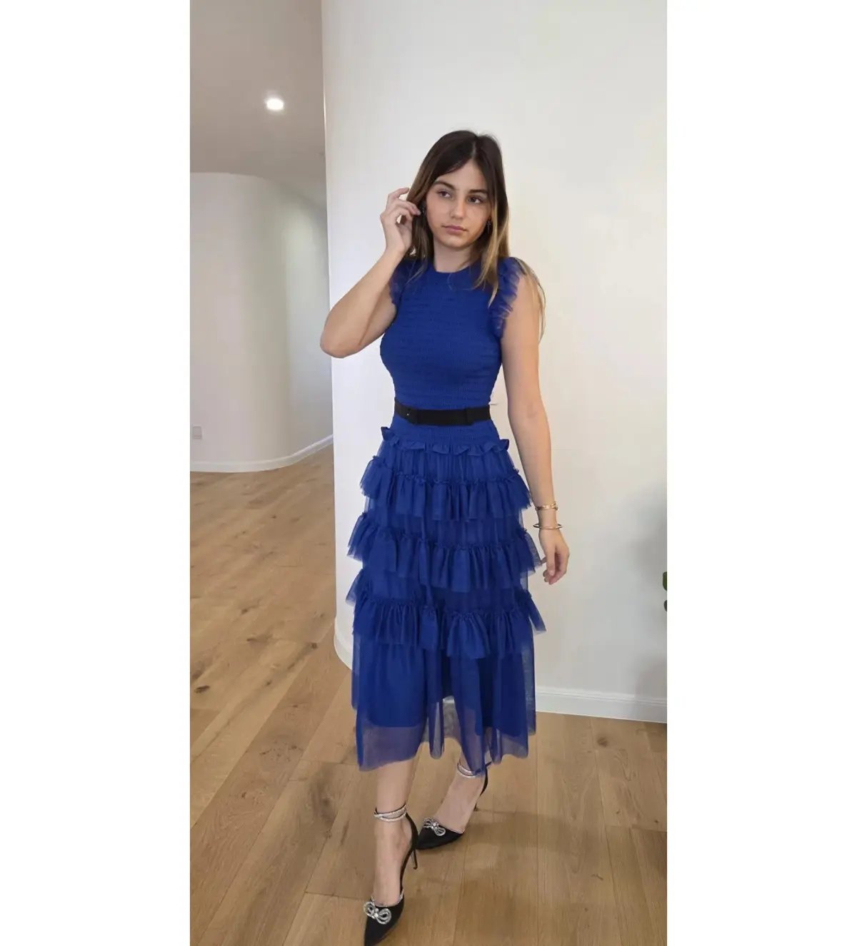 ME+EM Ethereal Tulle Shirred Midi Dress Electric Blue Size AU 8 photo 2