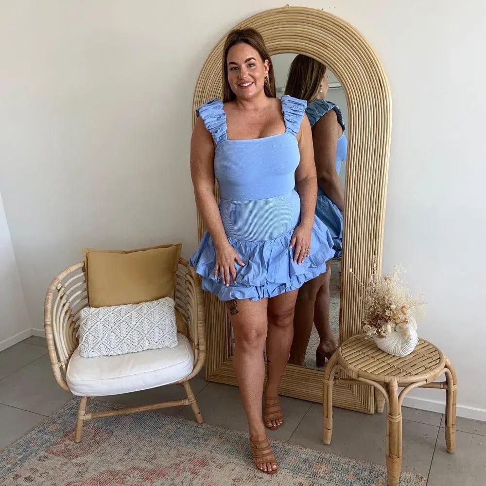 Aje Allard Ruched Strap Knit Top and Turner Bubble Skirt Set Sky Blue Size 10 photo 5