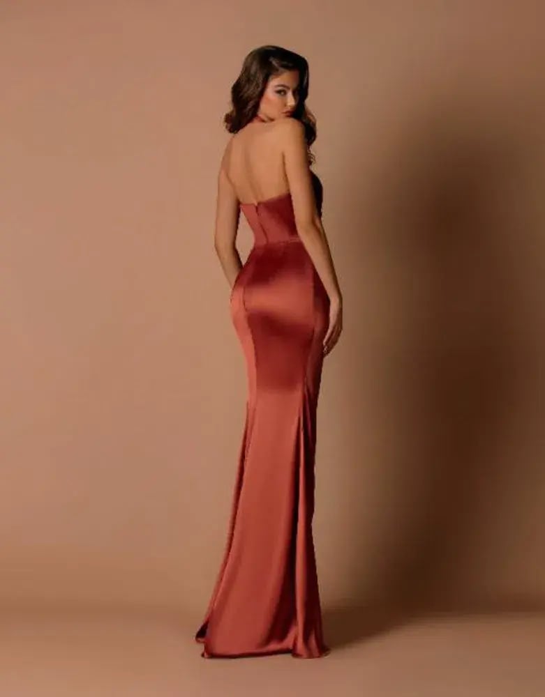 Nicoletta Halter Neck Fitted Satin Bridesmaid Maxi Dress in Bronze Size 6 photo 2