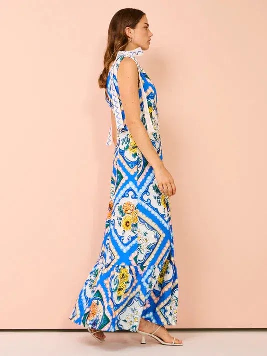By Nicola Andoncia Tie Shoulder Maxi Dress Azure Blue Floral Size 8 photo 5