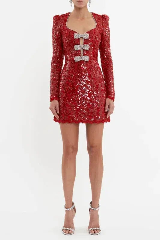 Rebecca Vallance Leyla Long Sleeve Mini Dress Red Sequin Size 6 photo 4