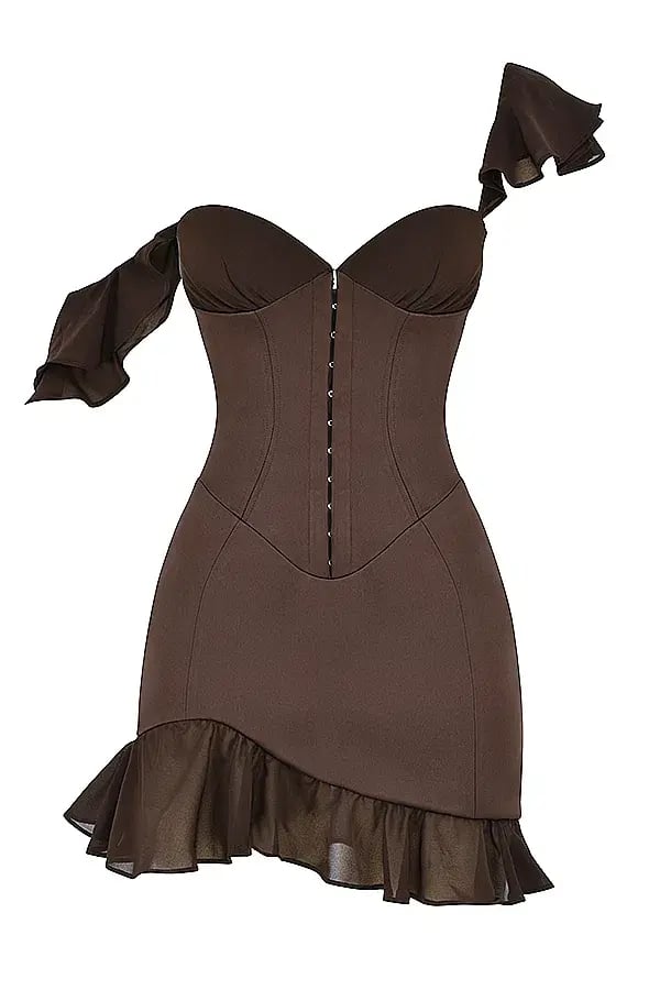 House of CB Dionne Espresso Ruffle Corset Mini Dress Brown Size XS / Au 8 photo 6