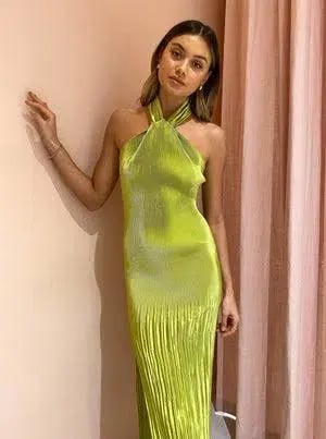 L'Idee Soirée Pleated Halter Gown Green Size 10 photo 4