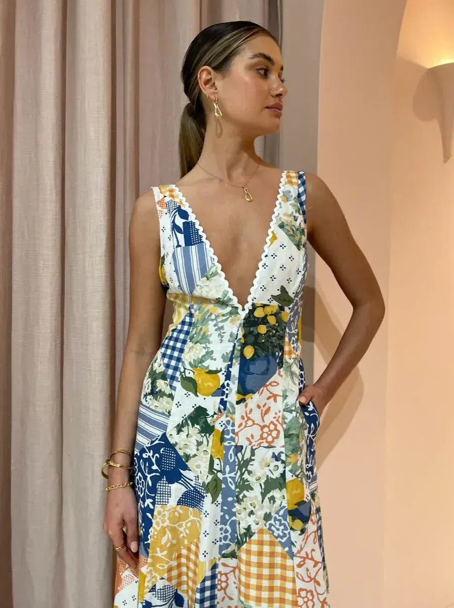 By Nicola Wavy Maxi Dress in Lemon Patchwork Multi-Colored Size AU 10 photo 6