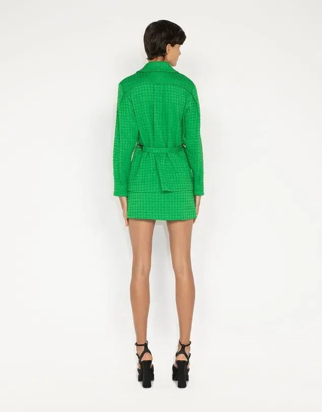 Cue Houndstooth Tweed Shirt Jacket Blazer Size 8 and Mini Skirt Size 10 Set Apple Green photo 3