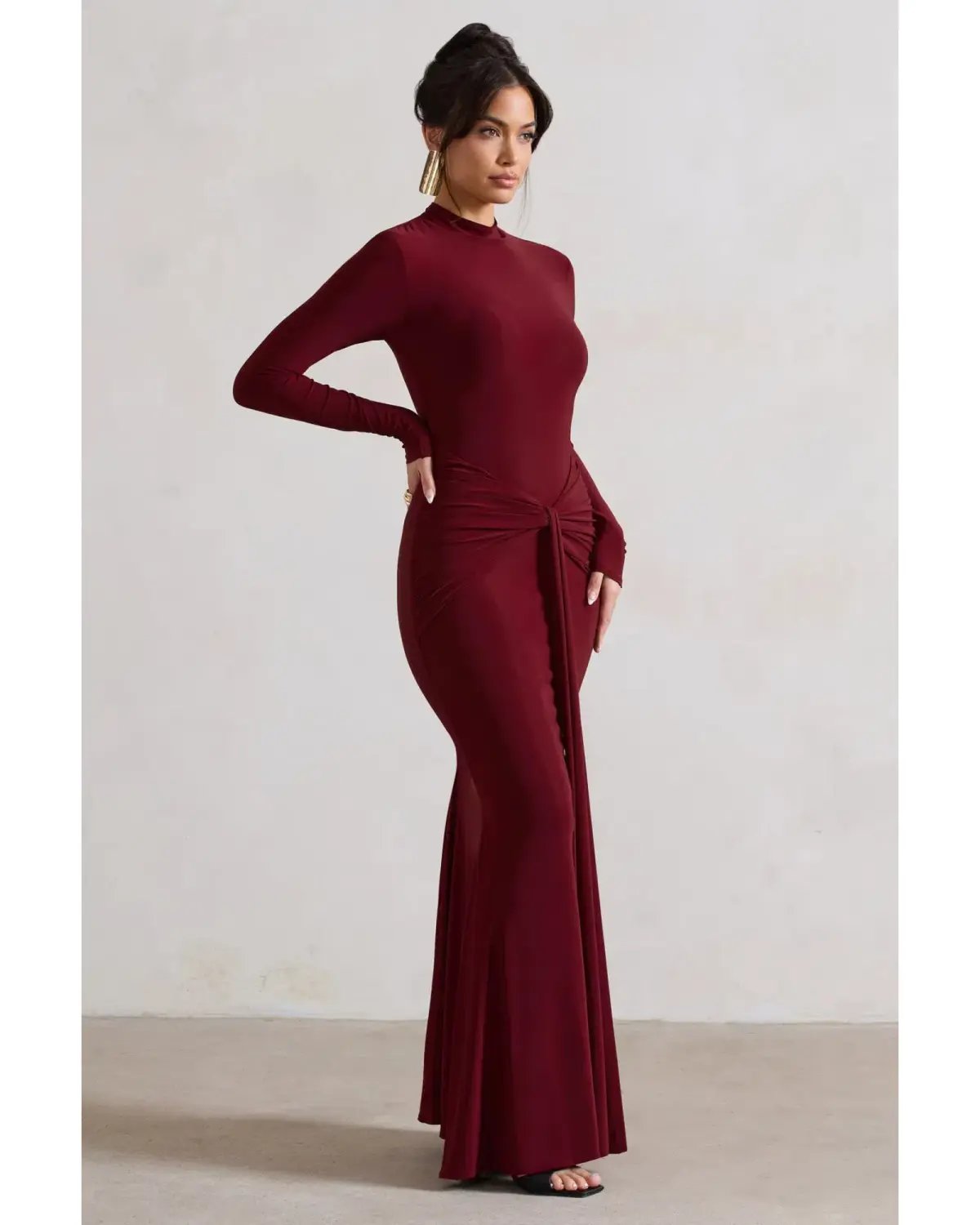 Club L London Pietra High-Neck Long Sleeve Knot Maxi Dress Berry Size AU 12 photo 3