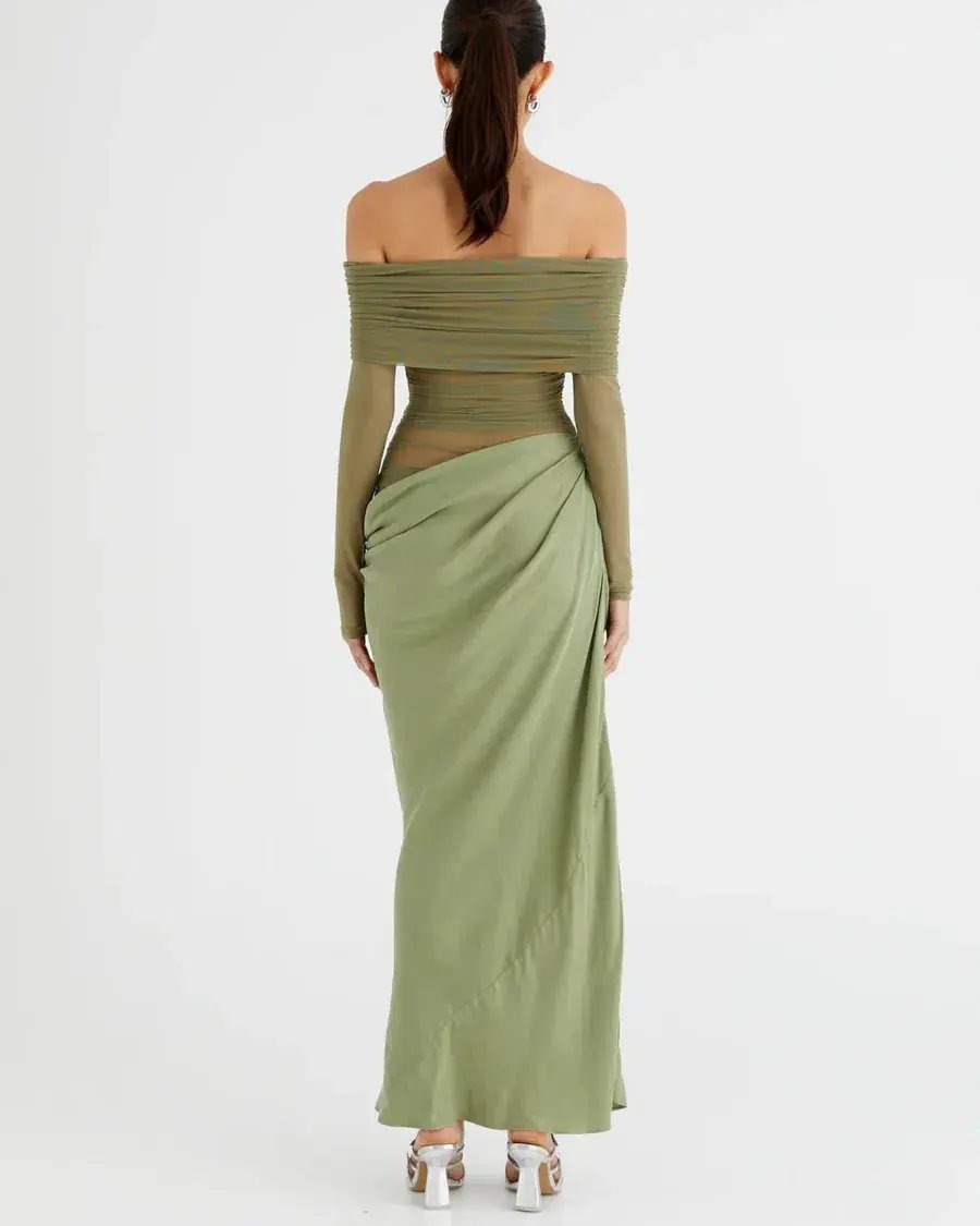 Benni Yasmin Off-Shoulder Maxi Dress Pistachio Size 8 photo 5