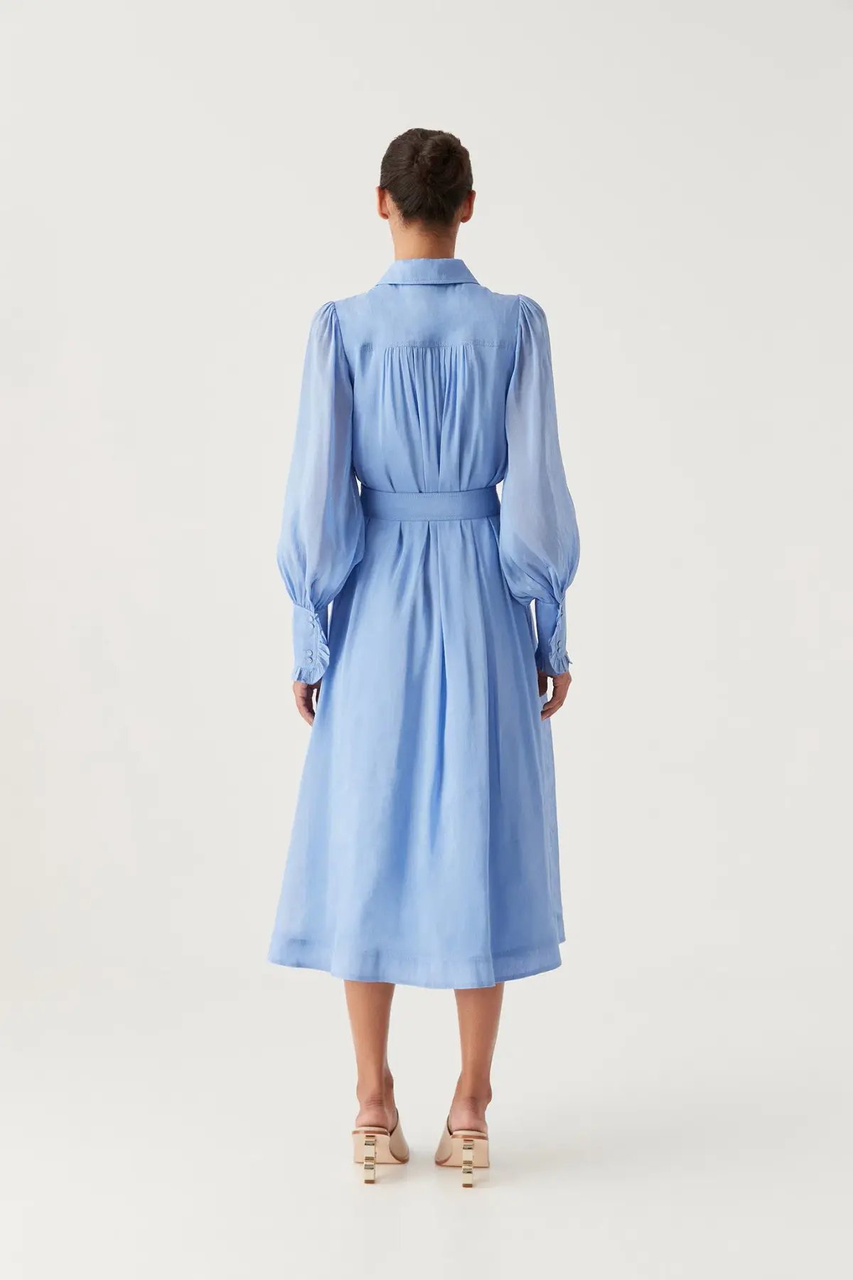 Aje Iris Pleated Bib Midi Dress in Mist Blue Size 16 photo 3