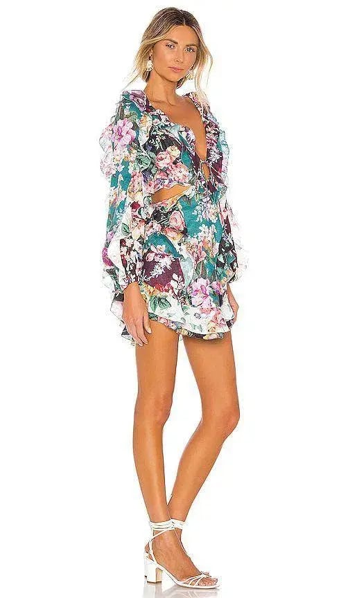 Zimmermann Allia Spliced Short Dress Green Floral Size 0 / AU 8 photo 2