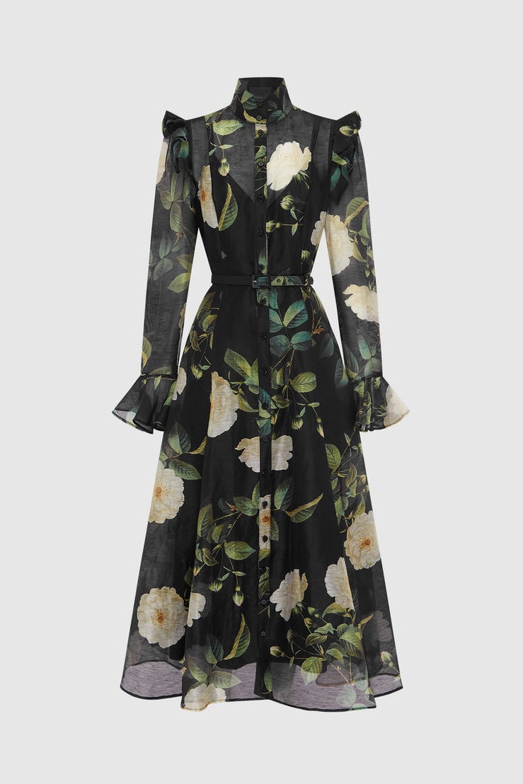 Leo Lin Katrina Butterfly Sleeve Midi Dress - White Rose Print in Black photo 3