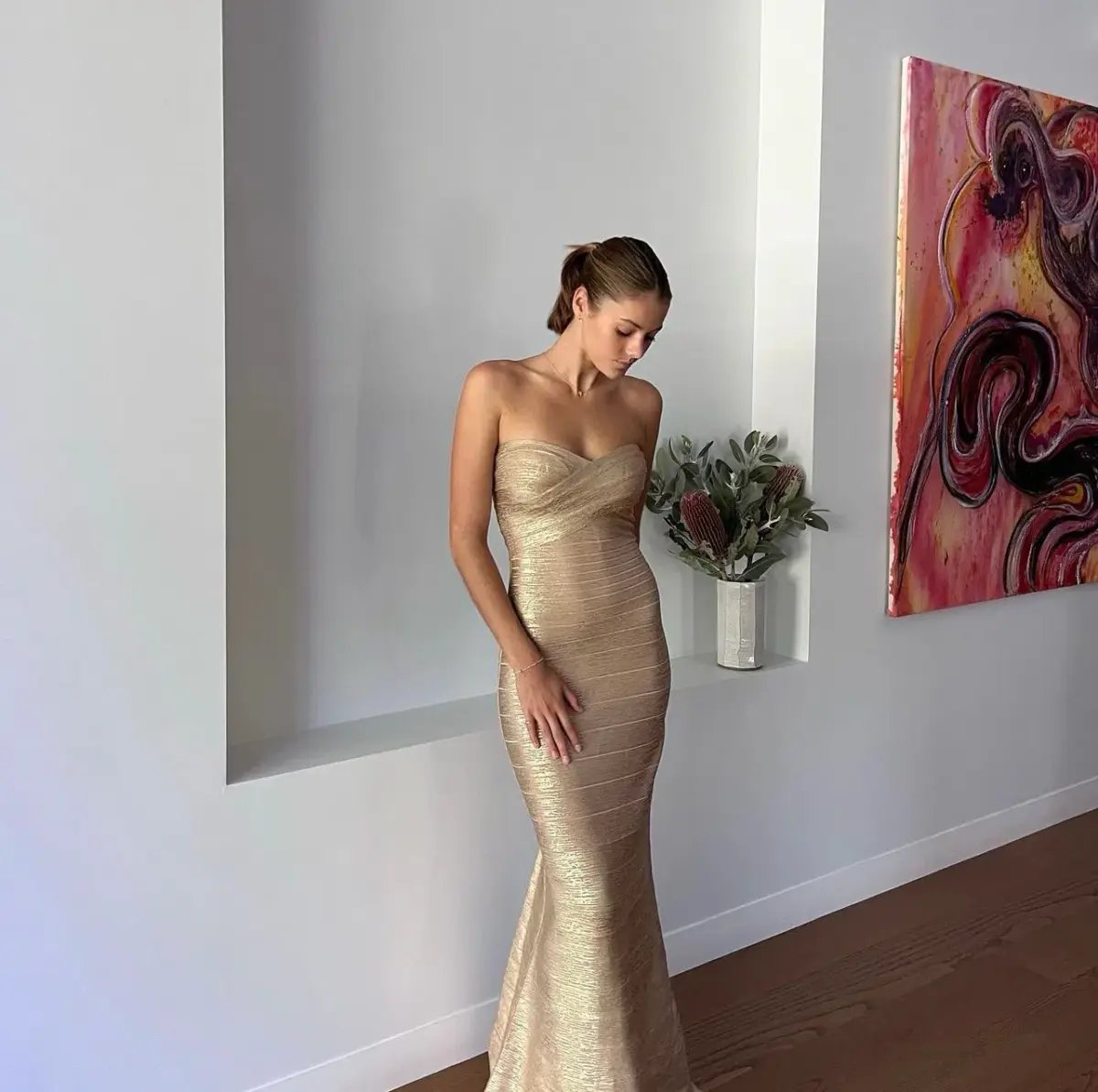 Herve Leger Sara Gown  Gold Size Small/AU 8 photo 2