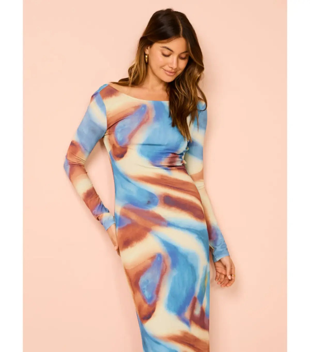 Issy Long Sleeve Maxi Dress in Blue Marble Size AU 16 photo 3
