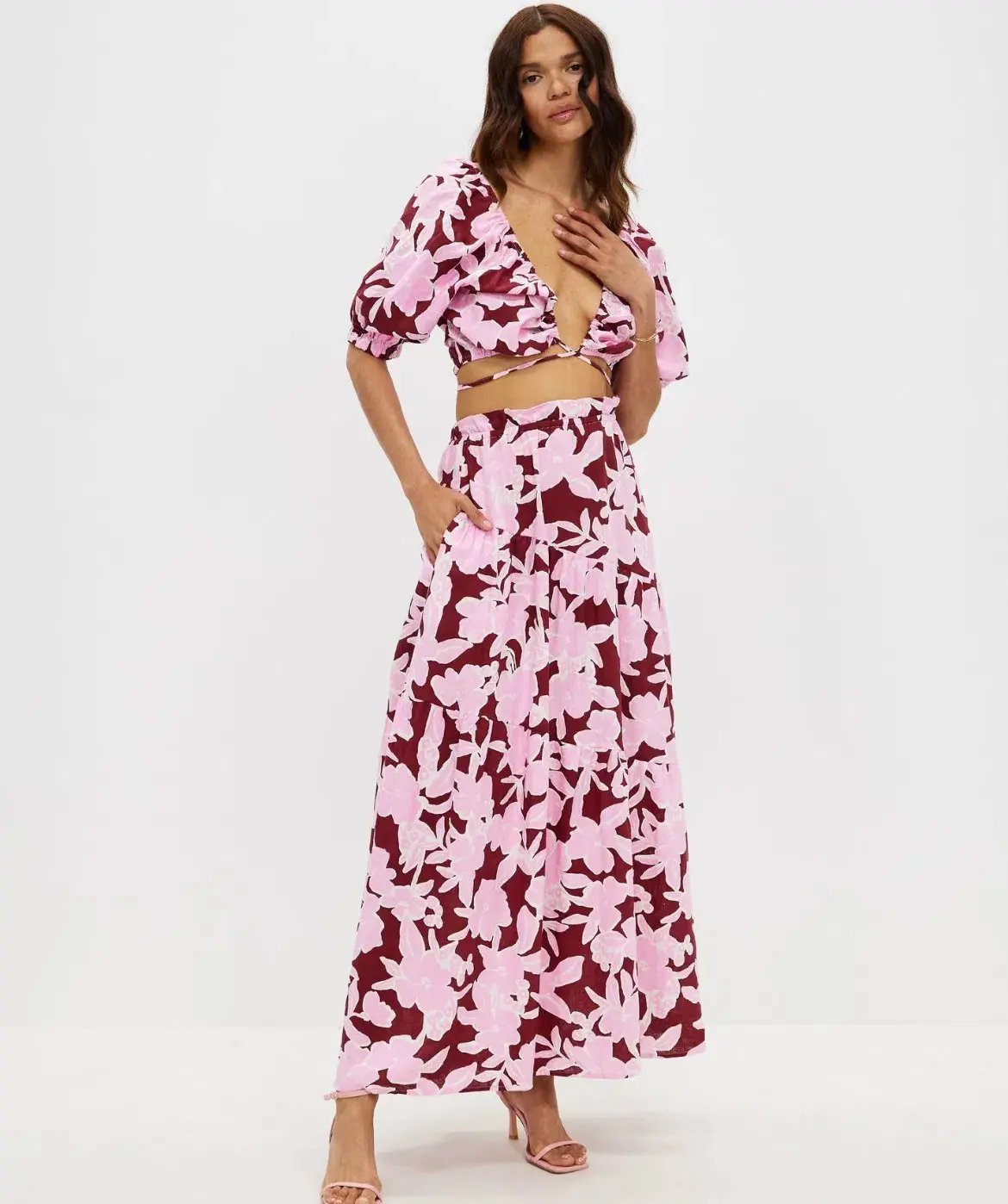 Aere Gathering Detail Linen Top Size 8 & Tiered Linen Maxi Skirt Size 10 Set in Malina Print photo 2