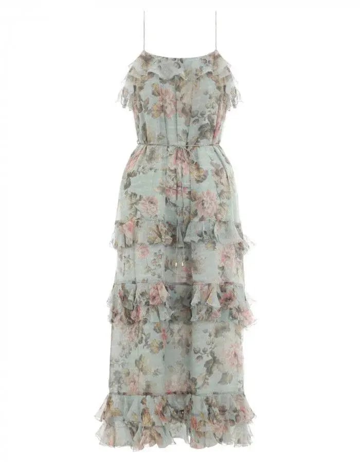 Zimmermann Dress Tempest Frolic Tiered Midi Dress Blue & Pink Size 14 photo 4