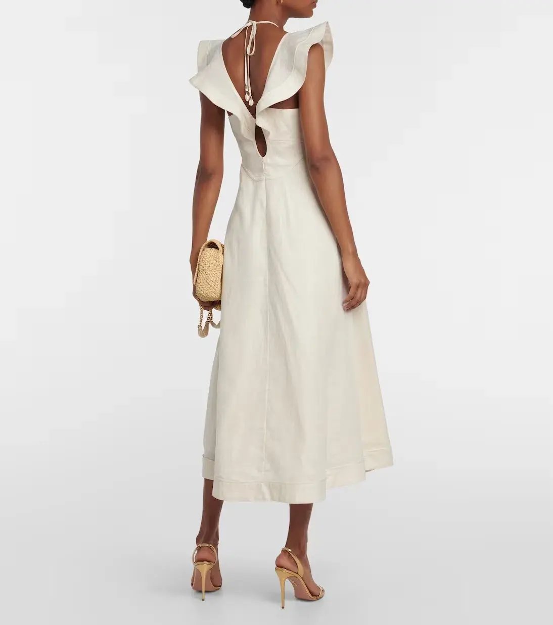 Zimmermann Halcyon Cutout Ruffled Shell Embellished Linen Midi Dress Cream Size 4/AU 16 photo 2