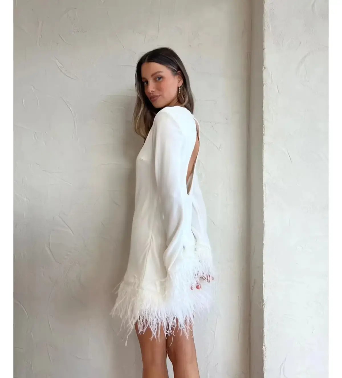 By Johnny Nicola Feather Trimmed Mini Dress Ivory White Size Small/ AU 8 photo 2