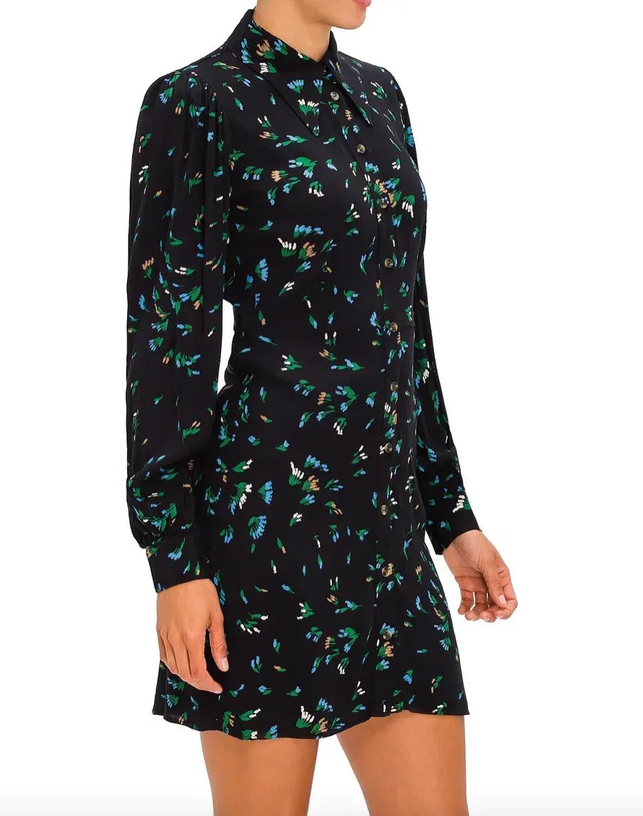 Ganni Printed Crepe Floral Shirt Mini Dress Black/Verdant Green Print Size 12 photo 4