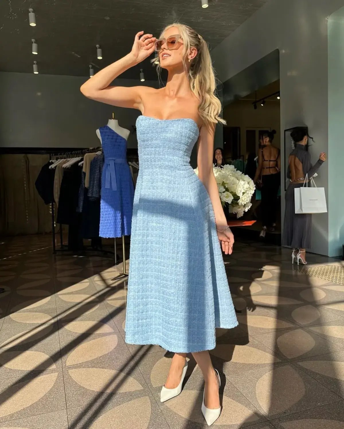 Scanlan Theodore Tweed Boucle Midi Dress Pale Blue Size 8 photo 2