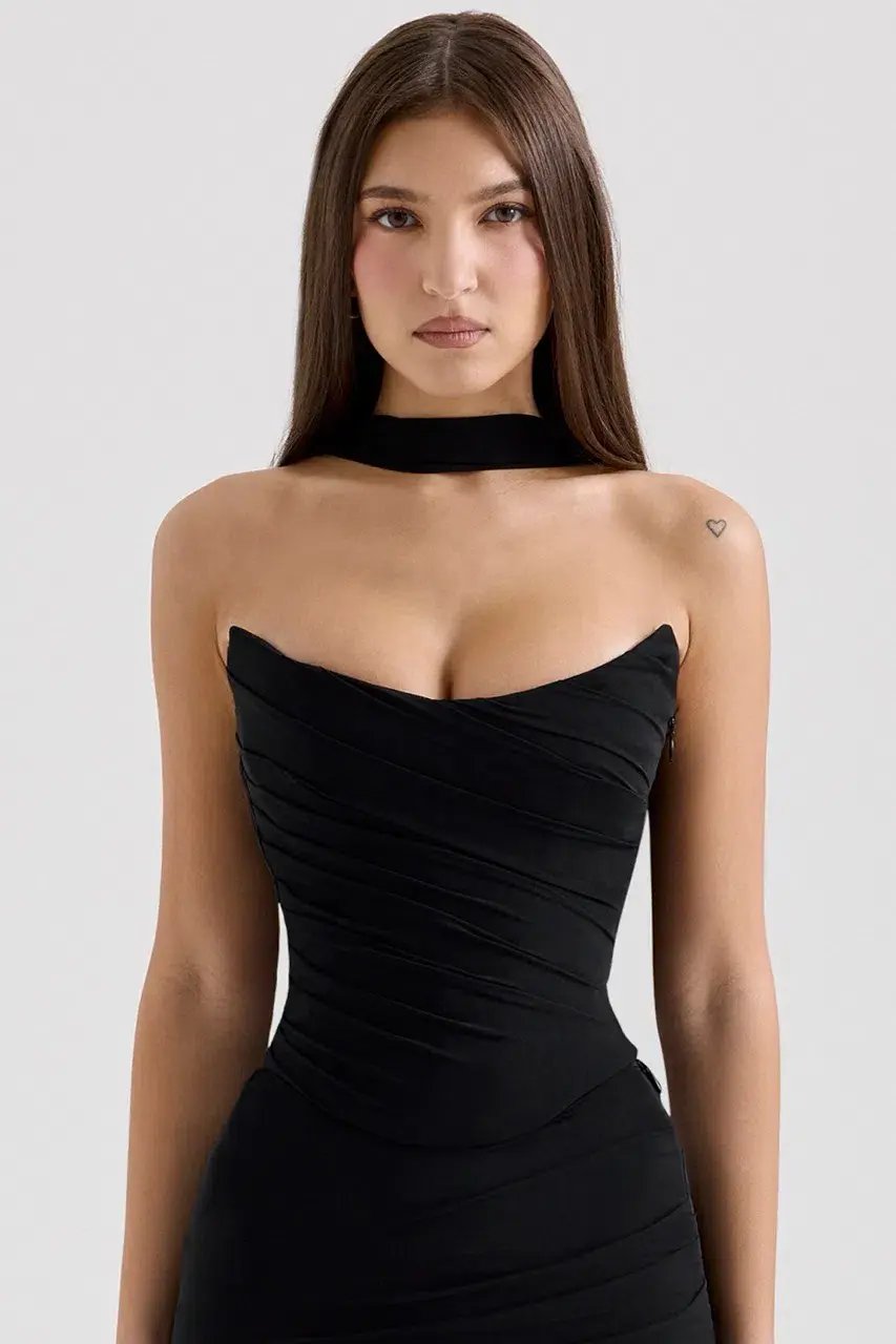 House of CB Black Hallie Strapless Corset With Neck Scarf & Cassidy Fluted Hem Maxi Skirt Set Size in Black XS / AU 6 photo 5