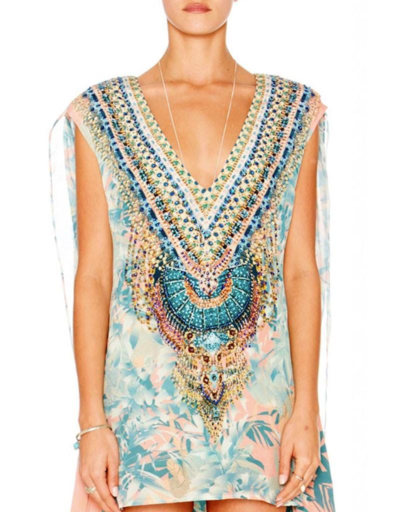 Camilla Deep V Mini Dress with Cape in Garden of Dream Blue Print Size 2 photo 2
