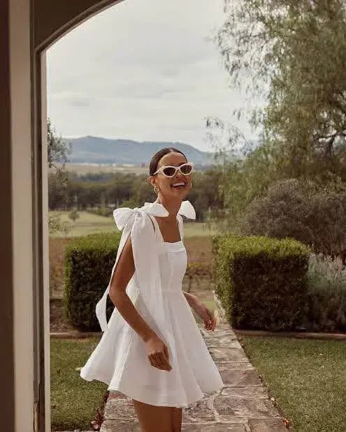 Dissh Aisle Linen Bow Tie Shoulder Mini Dress White Size AU 10 photo 2