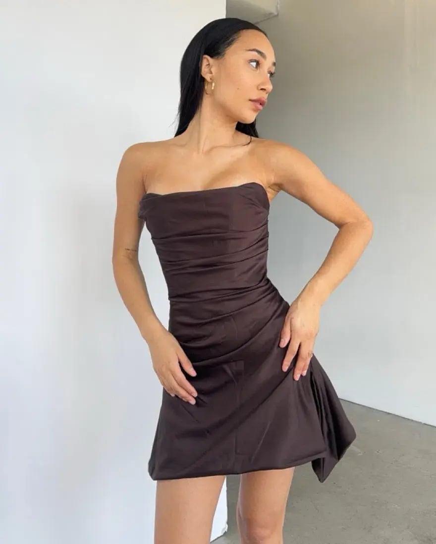 House of CB Jasmine Chocolate Satin Draped Mini Dress Brown Size AU 10 photo 3