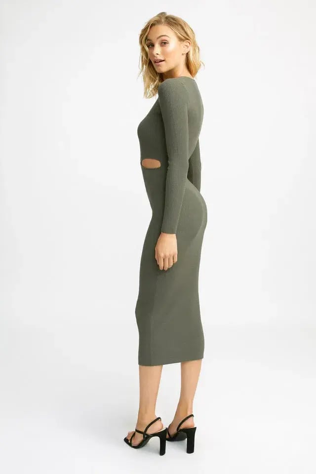 Kookai Lola Cut Out Long Sleeve Midi Dress Thyme Size 6 photo 3