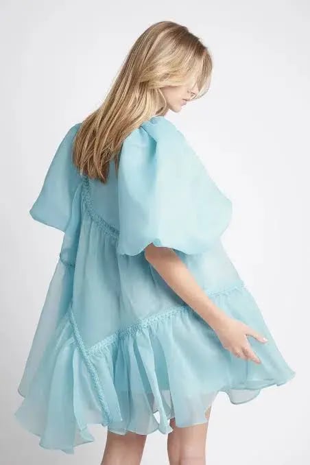 Aje Riviera Asymmetric Braided Puff Sleeve Smock Dress Blue Size 12 photo 3