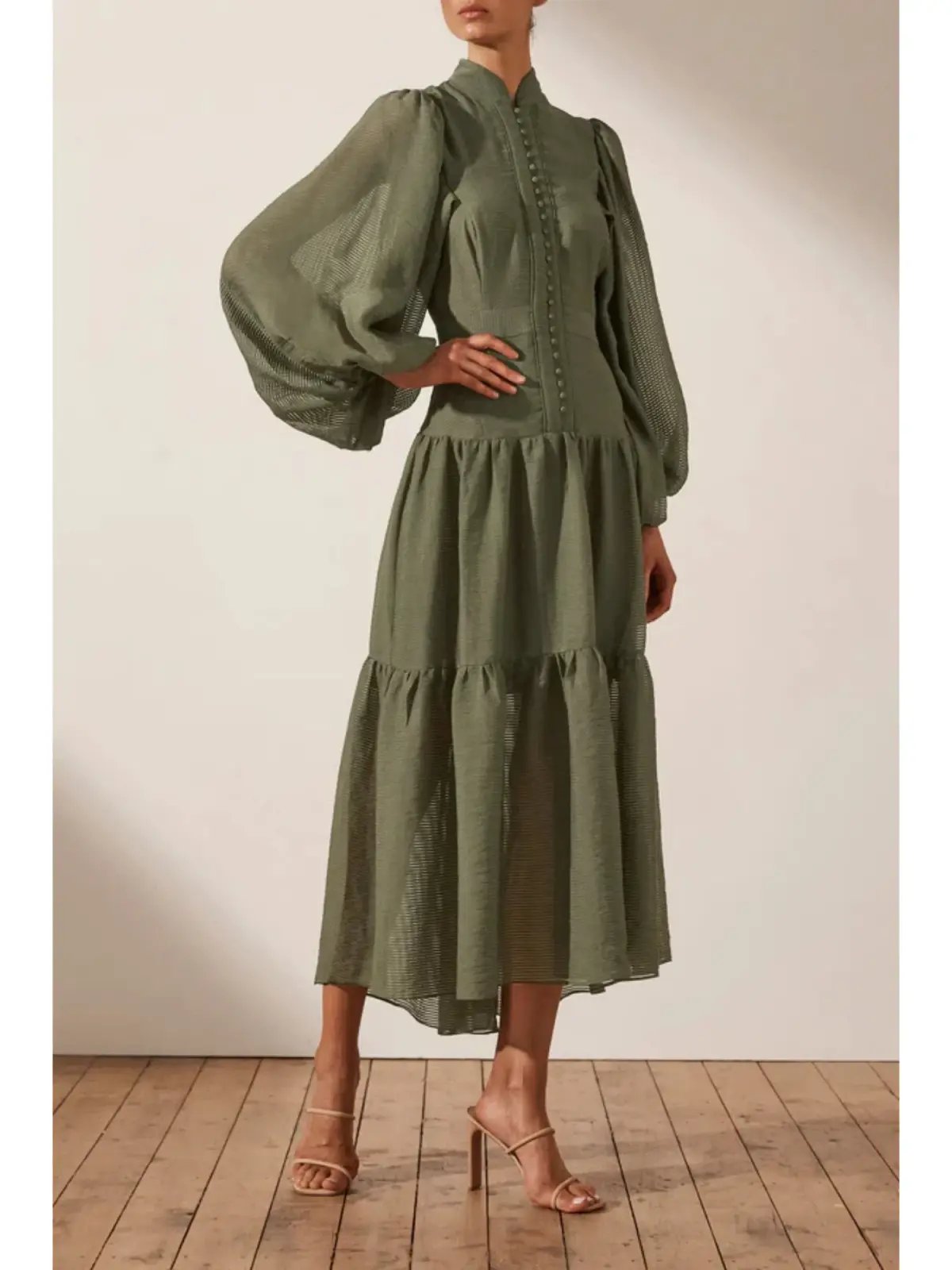 Shona Joy Charlotte High Neck Midi Dress Khaki Size AU 16 photo 2