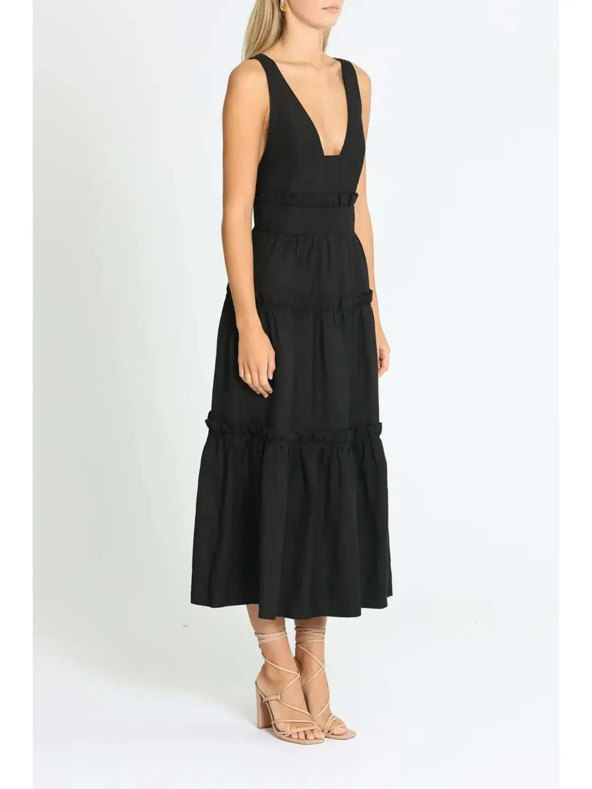 Shona Joy Tiered Midi Dress in Black Size AU 10 photo 2