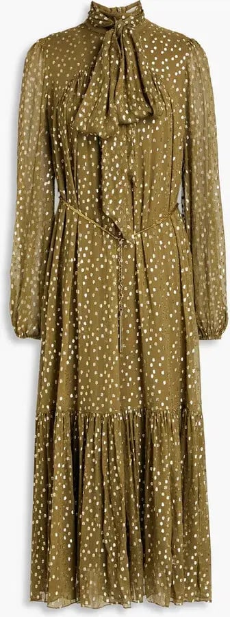 Zimmermann Billow Pussy-bow Metallic Fil Coupé Silk-blend Crepon Midi Dress Green Size AU 10 photo 4