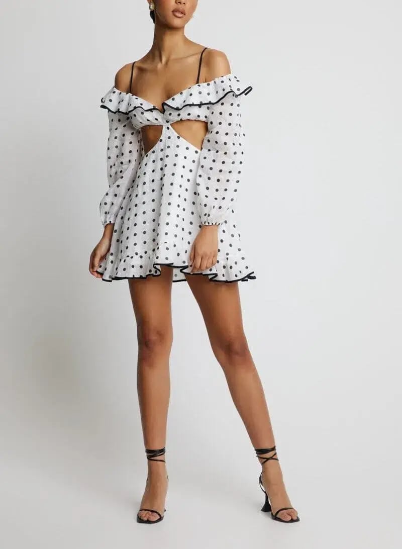 Sofia the Label Maya Cut Out Mini Dress White Polka Size 12 photo 4