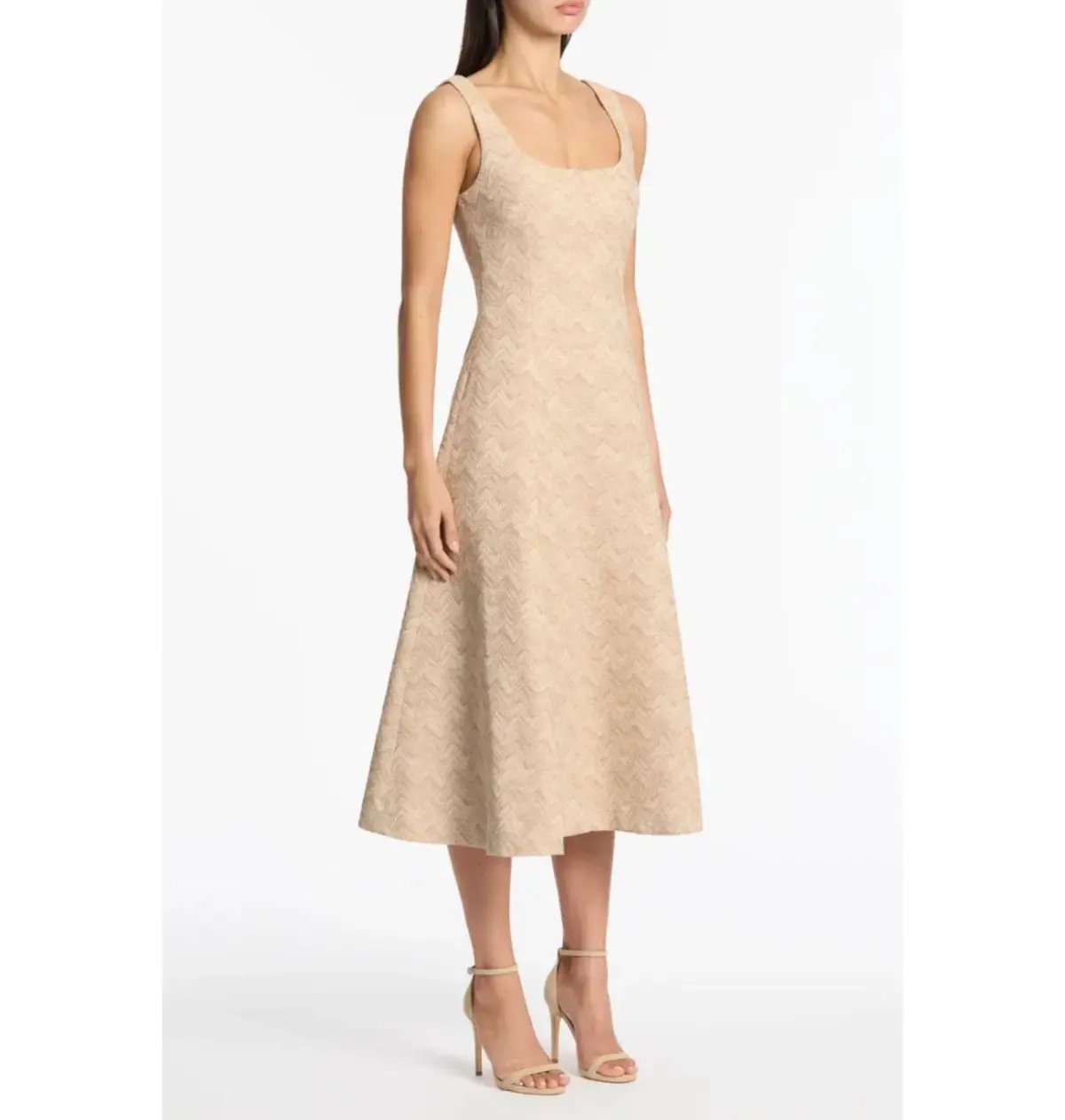 Carla Zampatti Summer Herringbone Fluted Midi Dress Beige Size AU 10 photo 2