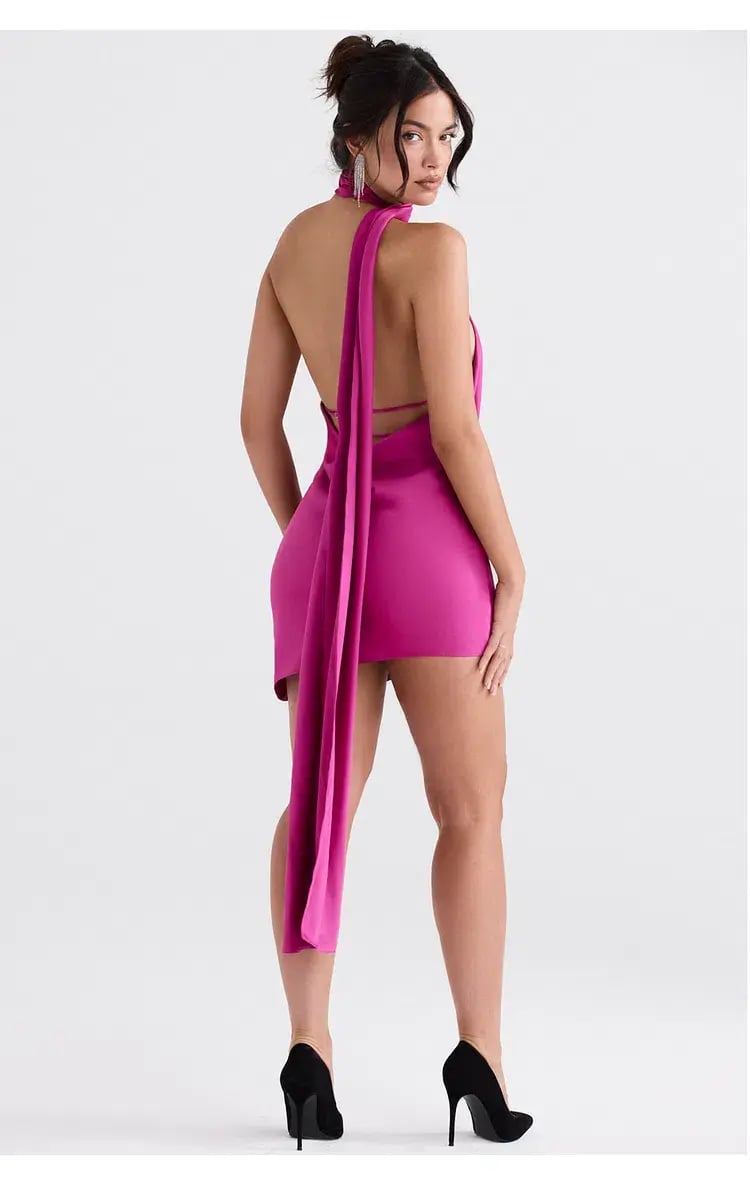 House of CB Aida Asymmetric Satin Wrap Neck Mini Dress Hot Pink Size S/Au 8 photo 4