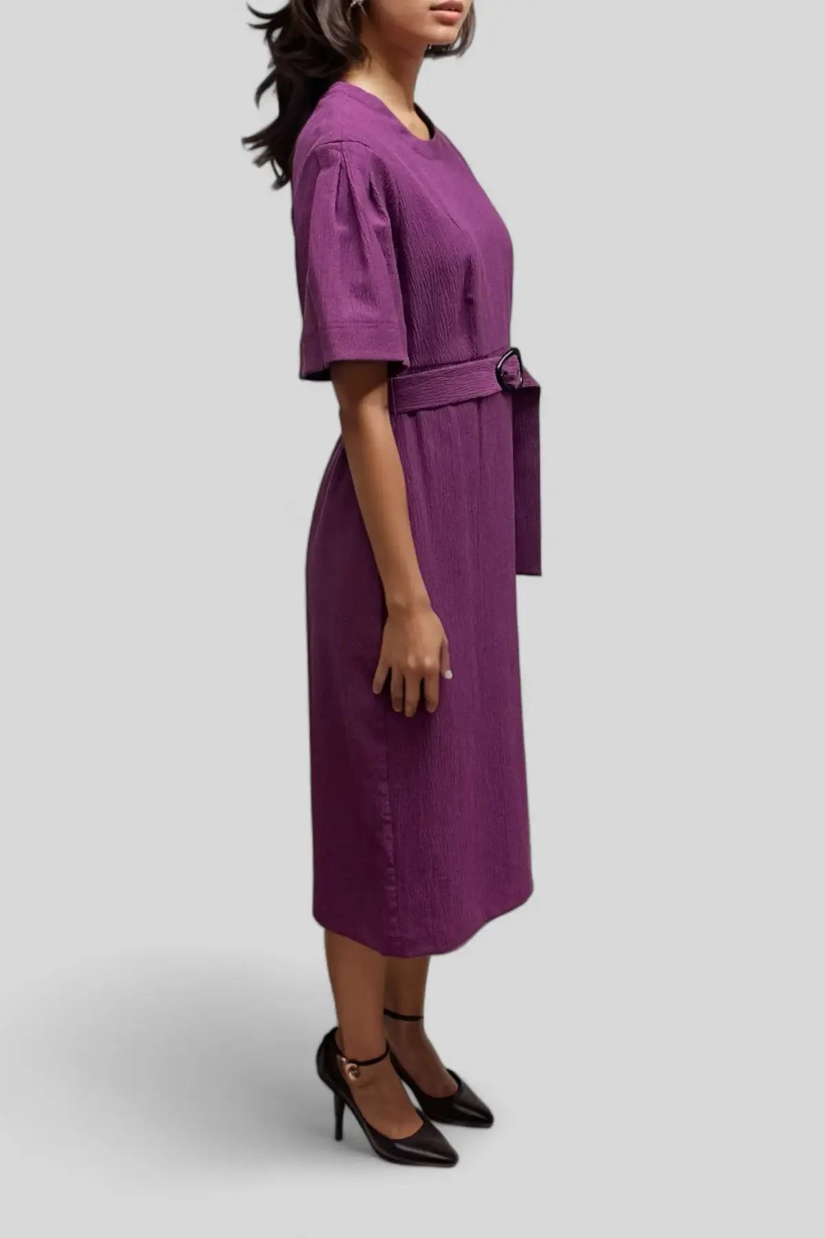 Veronika Maine Crinkle Cotton Belted Midi Dress in Plum Size 10 photo 2