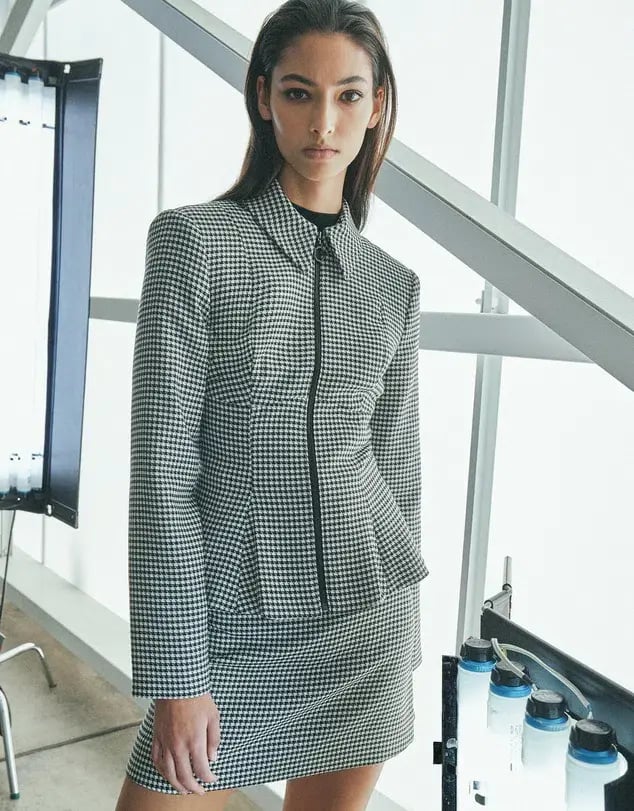 Cue Houndstooth Collared Peplum Jacket & A-Line Mini Skirt Power Suit Size 8 & 10 photo 2