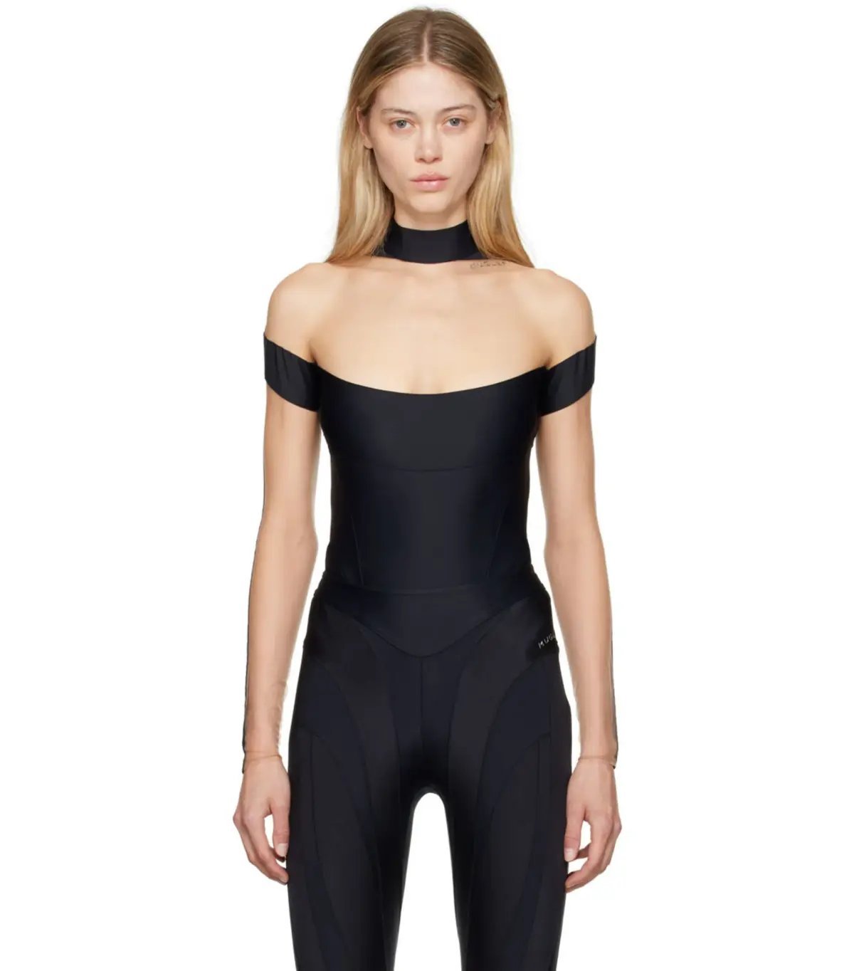 Mugler Illusion Neckline Bodysuit Black & Beige Size 36 / AU 8 photo 2