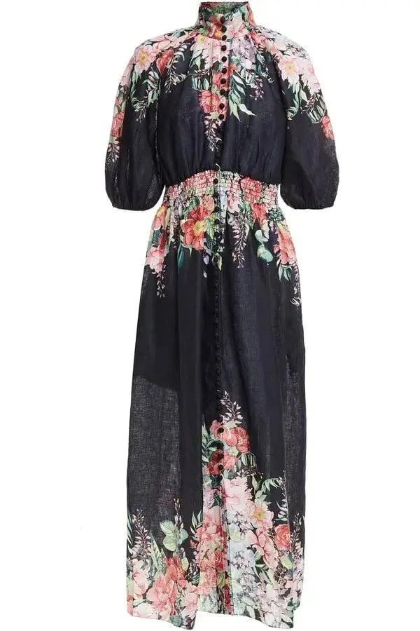 Zimmermann Bellitude Shirred Waist Midi Dress in Dark Navy Floral Size 0 / AU 8 photo 4