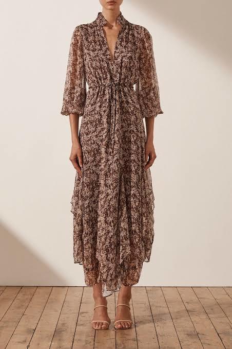 Shona Joy Blossom Plunged Godet Midi Dress Brown Size 6 photo 2