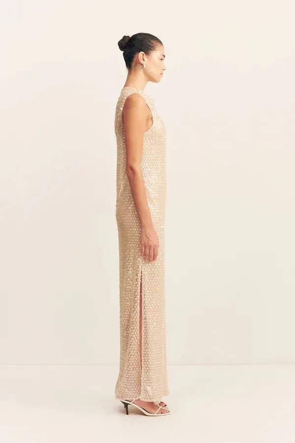 Shona Joy Everly High Neck Sleeveless Maxi Dress Macadamia Size 10 photo 4