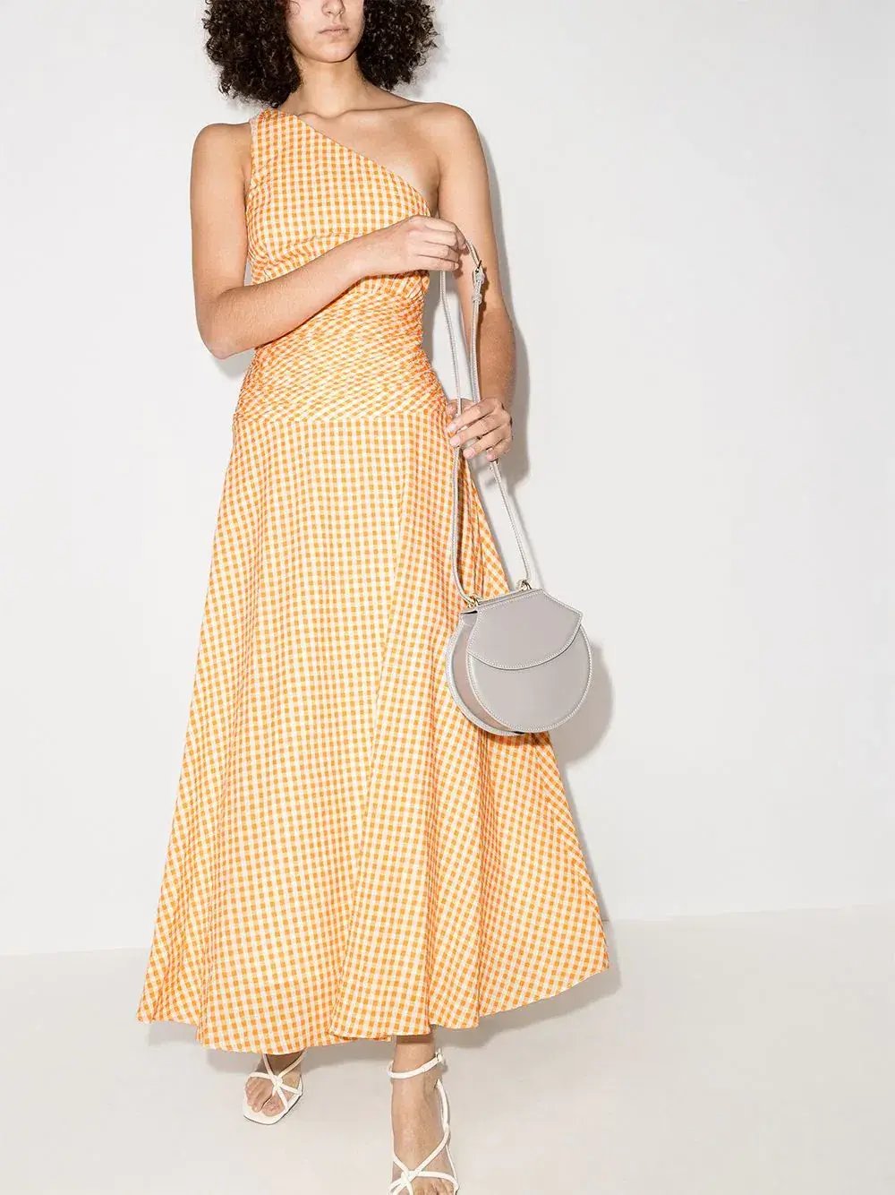 Peony Gingham Cotton-Blend One-Shoulder Midi Dress Yellow Size 10 photo 3