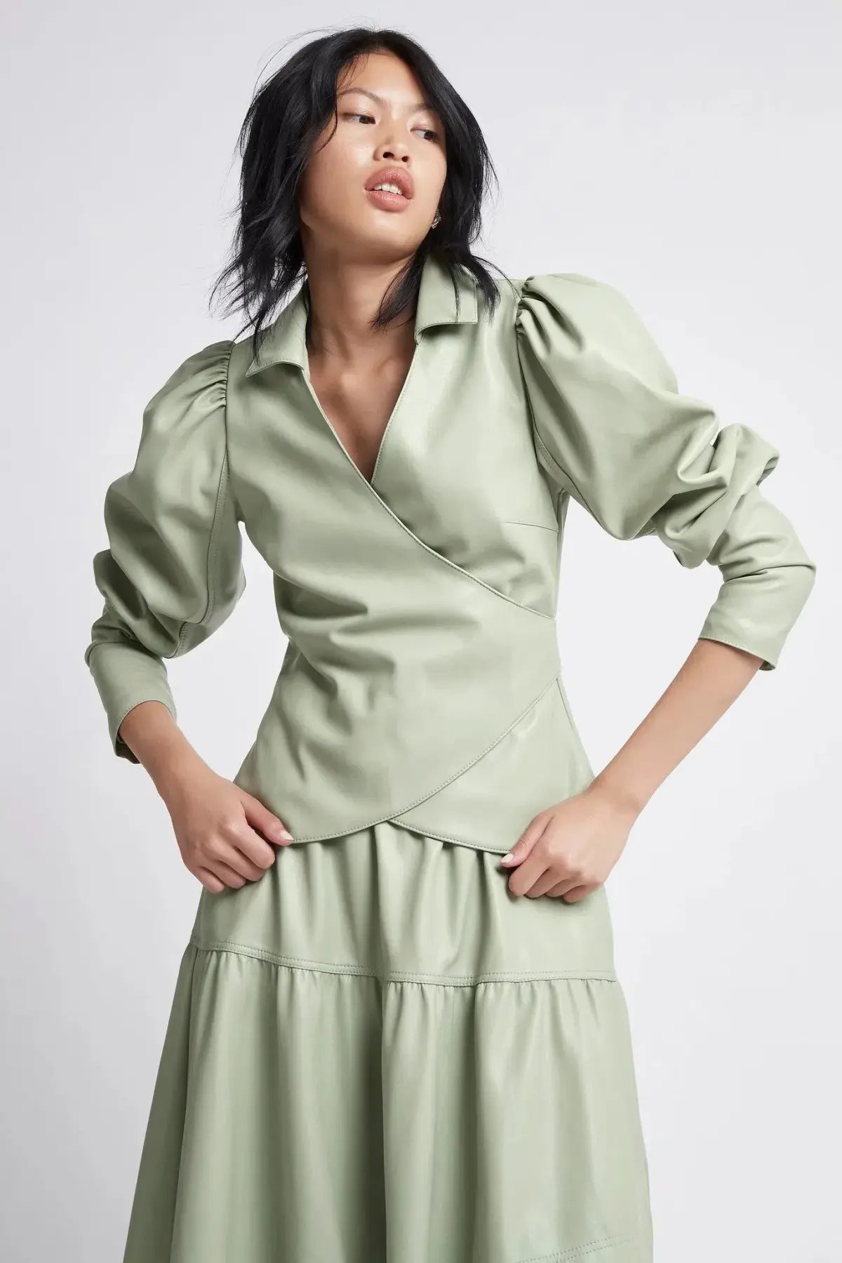Aje Idyllic Wrap Top and Skirt Set Dusty Sage Green Size 6 photo 4