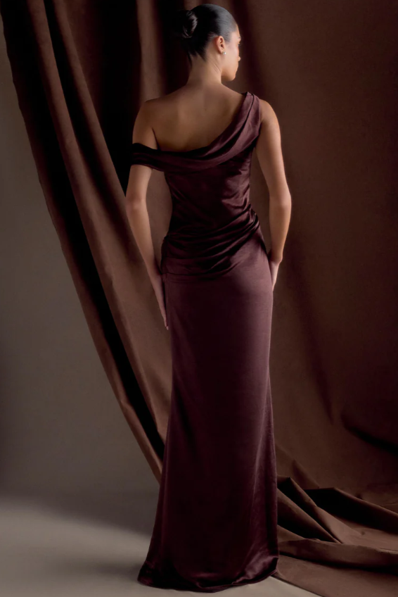 Meshki Dalia Off Shoulder Satin Dress Chocolate Brown photo 4