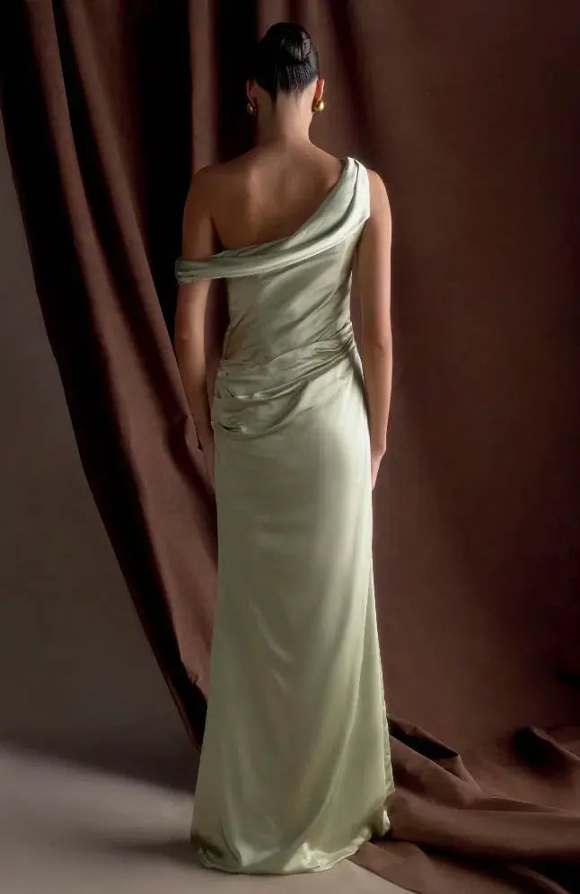 Meshki Dalia Off Shoulder Satin Maxi Dress Maxi Sage Size 8/S photo 2