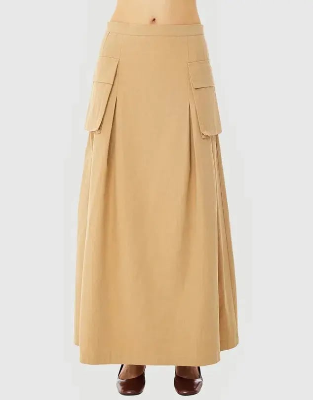 Find Me Now Cargo Pleated Maxi Skirt Beige Size 10 photo 5
