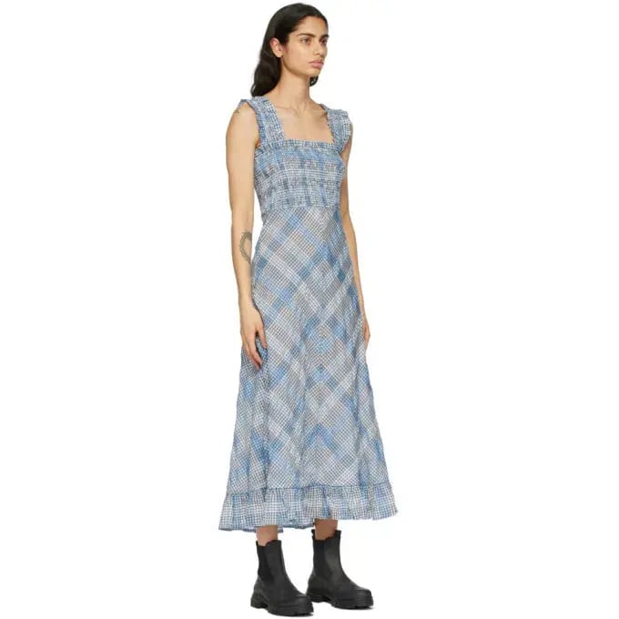 Ganni Cotton Seersucker Check Long Dress in Heather Size 10 photo 2