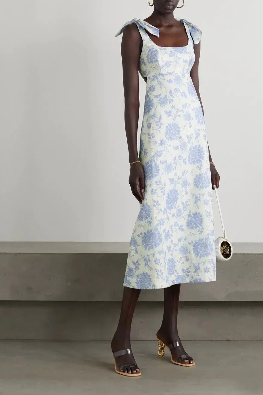 Zimmermann Postcard Floral Tie Shoulder Midi Dress in Blue Tonal Floral Size 1 / Au 10 photo 3