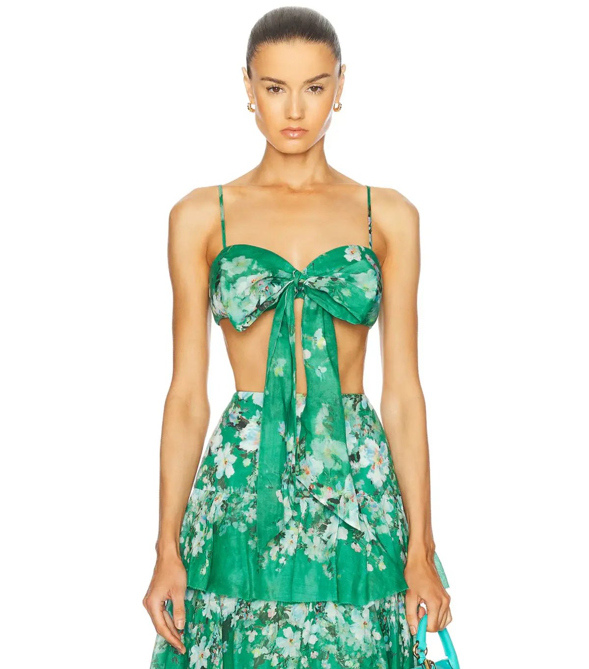Zimmermann Everley Draped Bow Bralette and Tiered Midi Skirt Set in Green Watercolour Floral Size 8/XS photo 4