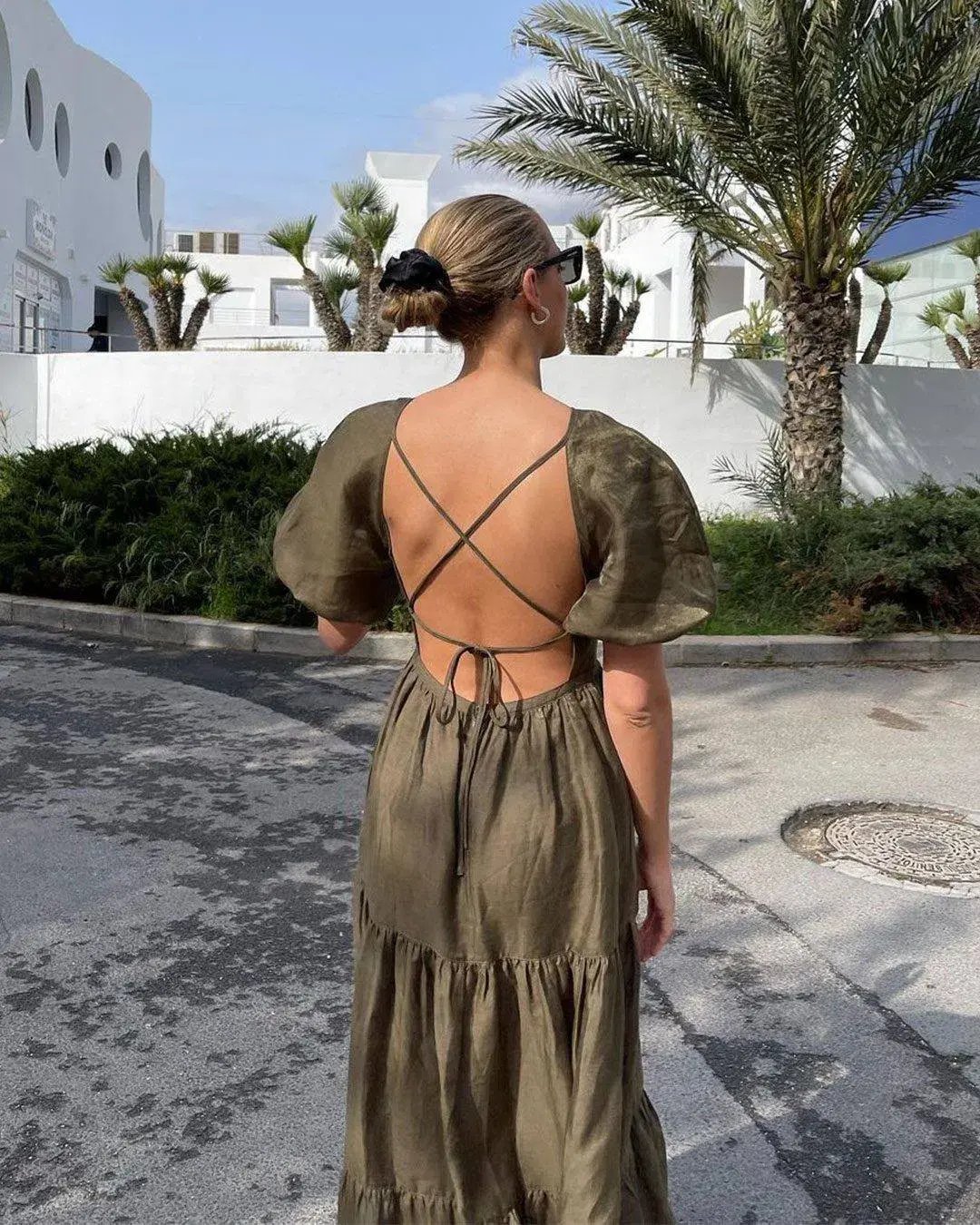 Shona Joy Bruna Linen Short Sleeve Backless Midi Dress Green Size 12 photo 4