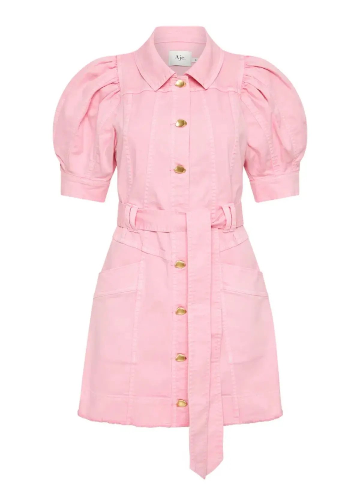 AJE Flora Denim Puff Sleeve Mini Dress Bon Bon Pink Size 14 photo 7